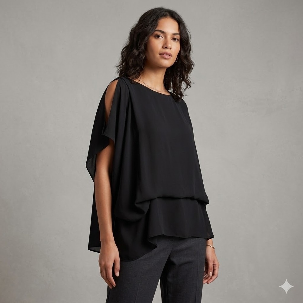 Saks Fifth Avenue Top Women Large Black Layered Chiffon Drape Sleeveless Blouse